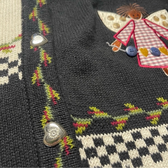 Vintage Quaker Factory Cardigan Sweater 2X 90s Patchwork Angels Topiary Flowers - Picture 6 of 10